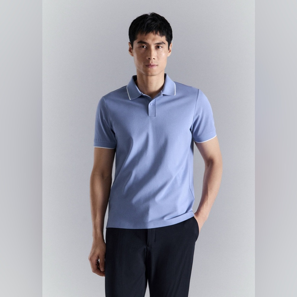NWT MANGO PerformanceComfort-Stretch Pique COOLMAX® Polo in China Blue